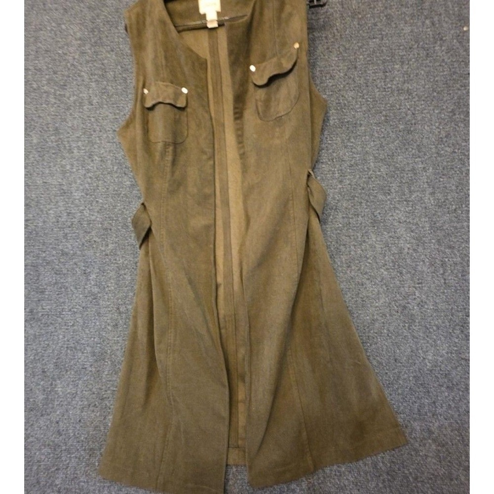 Chico's Vest Womens 1 Green Faux Suede Velour Long Belted Open Front Pockets‎